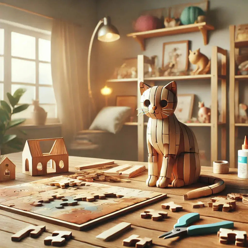 activités DIY sur le thème du chat, avec un puzzle en bois partiellement assemblé, un modèle de chat en cours de création, et des outils de bricolage comme des ciseaux, de la colle et du papier coloré sur une table en bois dans une pièce chaleureuse