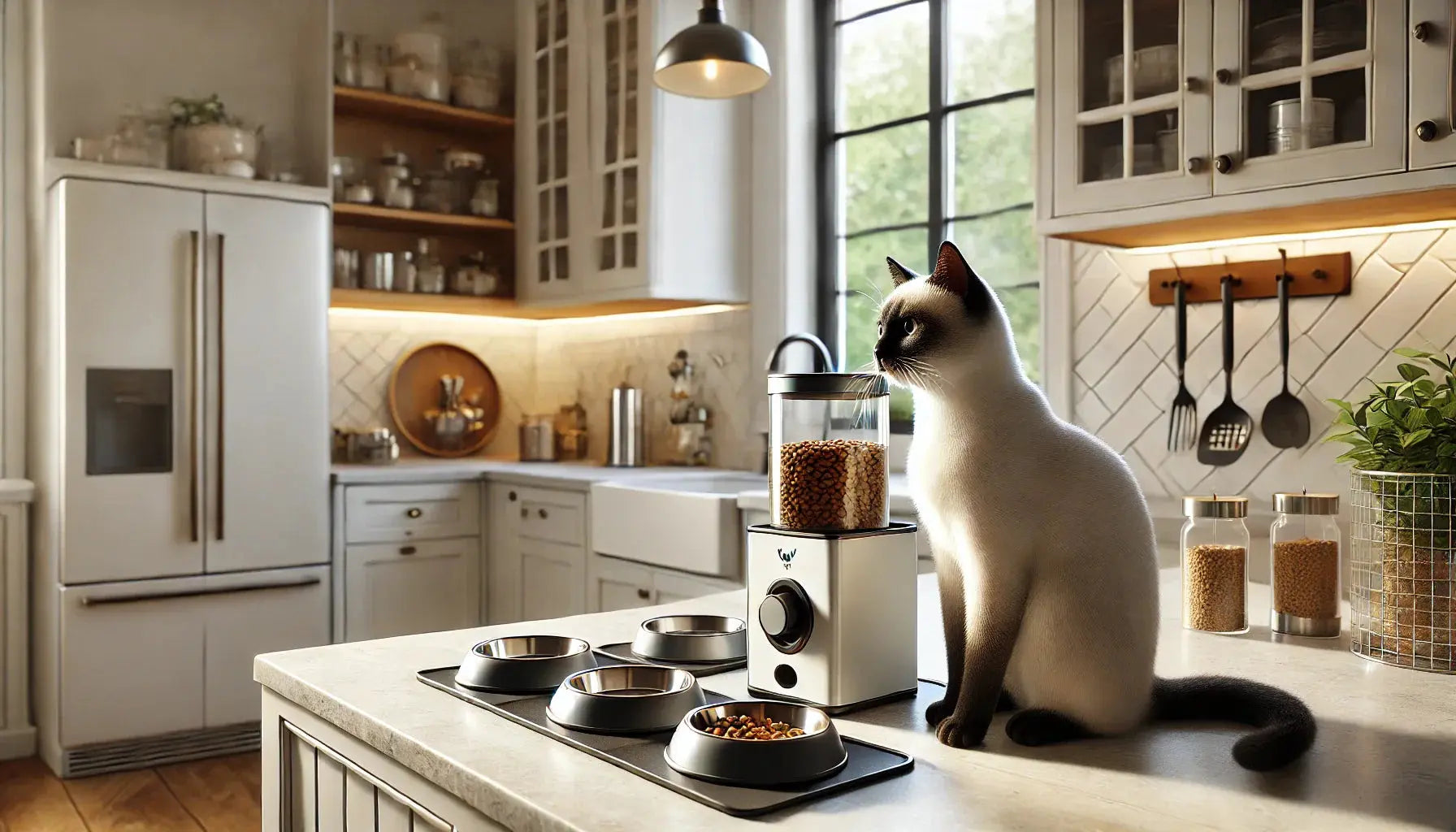 Un chat assis dans une cuisine moderne et lumineuse, à côté de gamelles design et d’un distributeur de nourriture élégant. La scène met en avant un espace propre et stylé, idéal pour le confort et les repas du chat