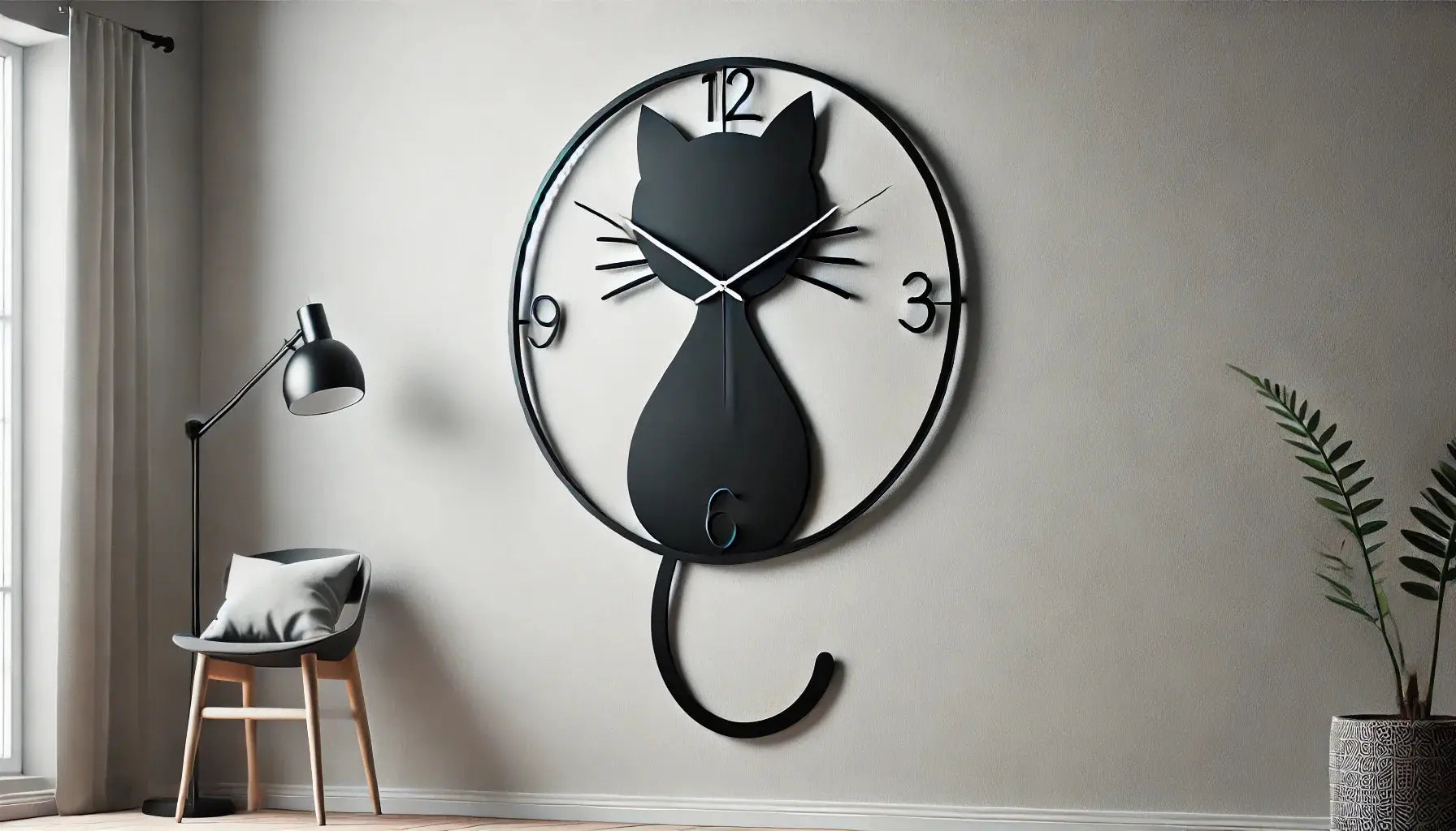 Horloge murale élégante en forme de chat, avec un design moderne et minimaliste, accrochée sur un mur clair dans un intérieur épuré et contemporain, parfaite pour ajouter une touche féline à votre décoration