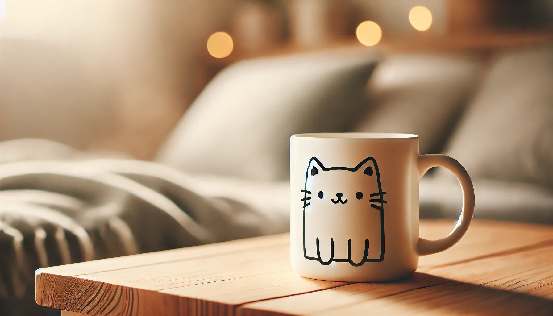 Un mug blanc avec un dessin de chat minimaliste posé sur une table en bois, ambiance chaleureuse et cosy