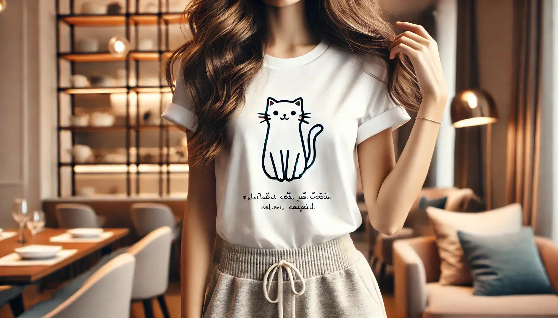 Une femme portant un t-shirt blanc avec un design de chat minimaliste et humoristique, dans un intérieur moderne et chaleureux avec une décoration élégante