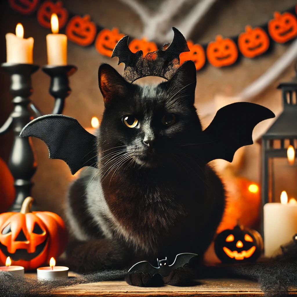 Un chat noir élégant portant des ailes de chauve-souris, posé dans une pièce décorée avec des bougies, des toiles d’araignées et des petites citrouilles pour Halloween