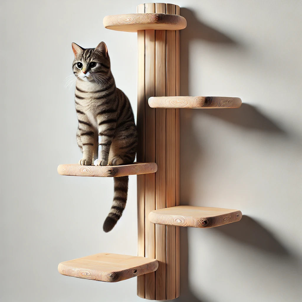 Arbre à chat mural en bois avec plateformes et un chat tigré assis