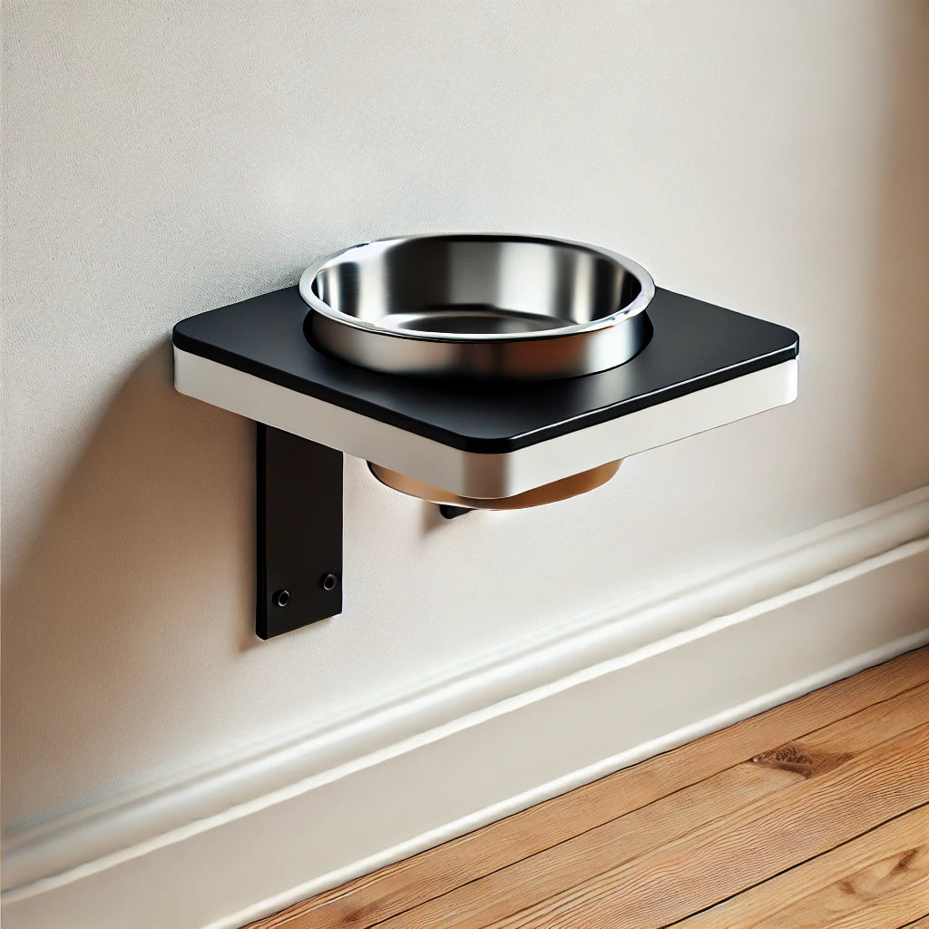 Bol mural surélevé en acier inoxydable avec support noir moderne, fixé à un mur blanc, conçu pour une alimentation ergonomique des chats