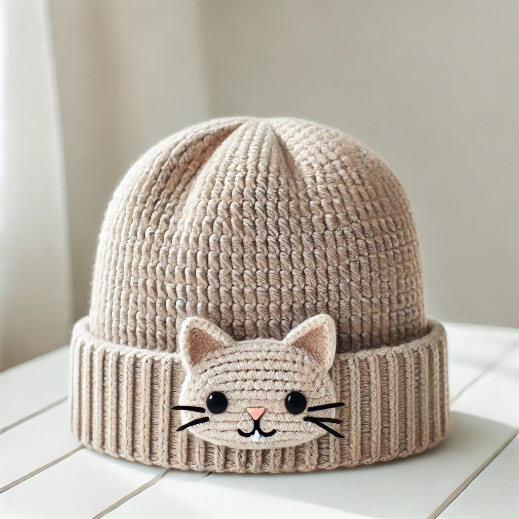 Bonnet crocheté fait main avec un motif discret en forme de visage de chat, exposé sur une table blanche