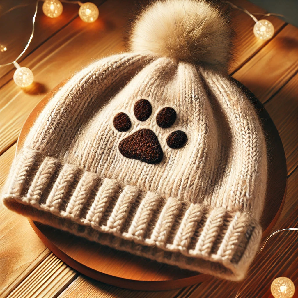 Bonnet tricoté beige avec un motif patte de chat, posé sur une table en bois éclairée chaleureusement