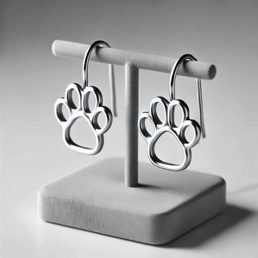 Boucles d’oreilles argentées avec motif patte de chat, exposées sur un support moderne avec un fond blanc épuré