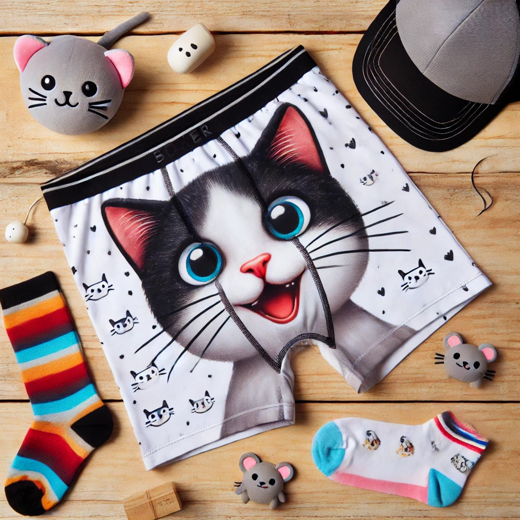 Boxer noir avec un motif de chat amusant et expressif, présenté sur une surface en bois.