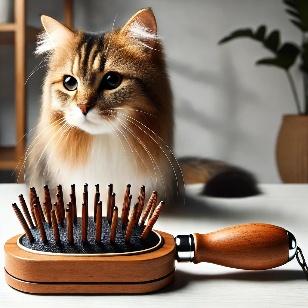 Brosse pour chat de luxe avec manche en bois et poils doux, posée sur une surface blanche avec un chat tigré réaliste à côté