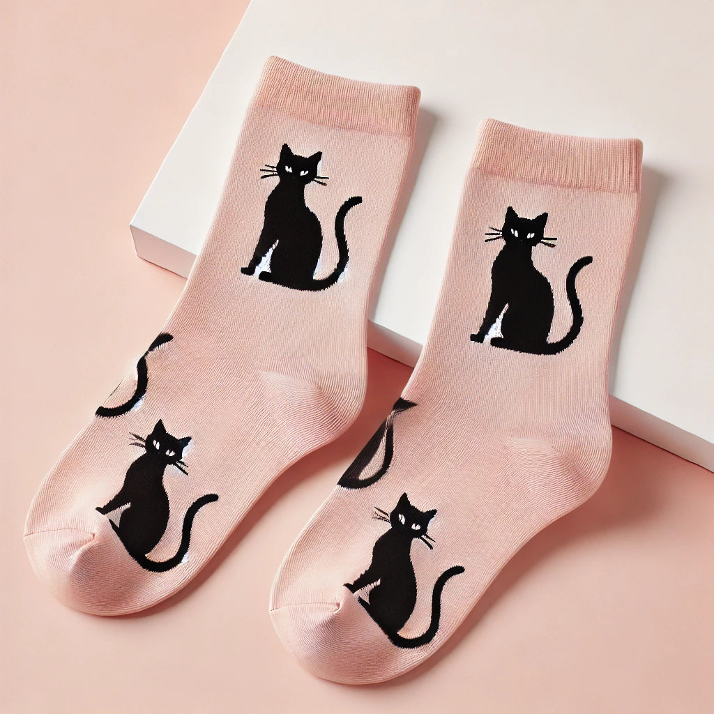 Chaussettes pastel rose pour femme avec silhouettes de chat noir, exposées sur une surface blanche épurée