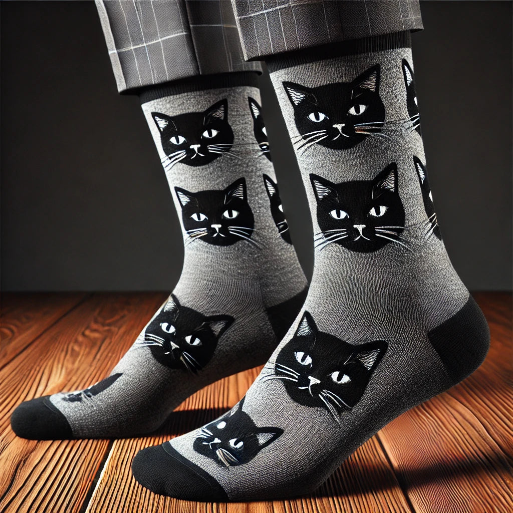 Chaussettes grises pour homme avec des motifs discrets de visages de chat noirs, posées sur une surface en bois, design sobre et moderne