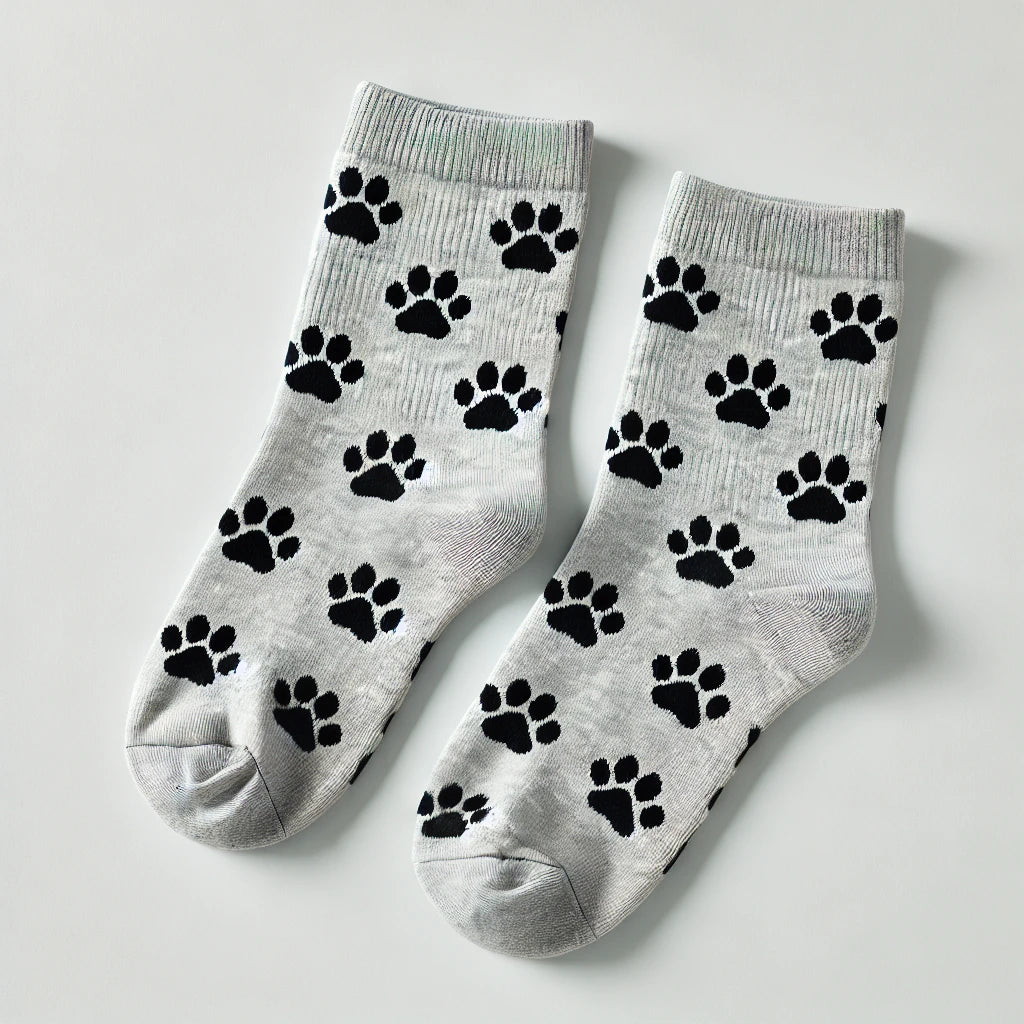 Chaussettes grises décorées d’empreintes noires de pattes de chat, design ludique et confortable, posées sur une surface blanche