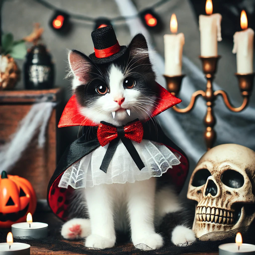 Un chat noir et blanc habillé en vampire avec une cape rouge et noire, entouré de décorations d’Halloween comme des bougies, un crâne et des toiles d’araignée
