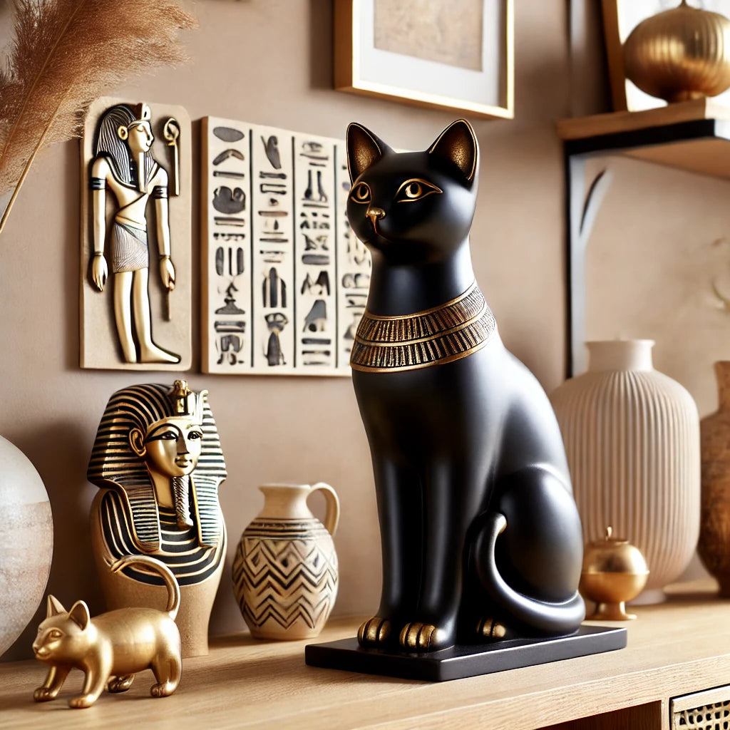 Statuette de chat égyptien noir avec détails dorés, placée sur une étagère avec d'autres décorations à thème égyptien, comme des hiéroglyphes et des accents dorés