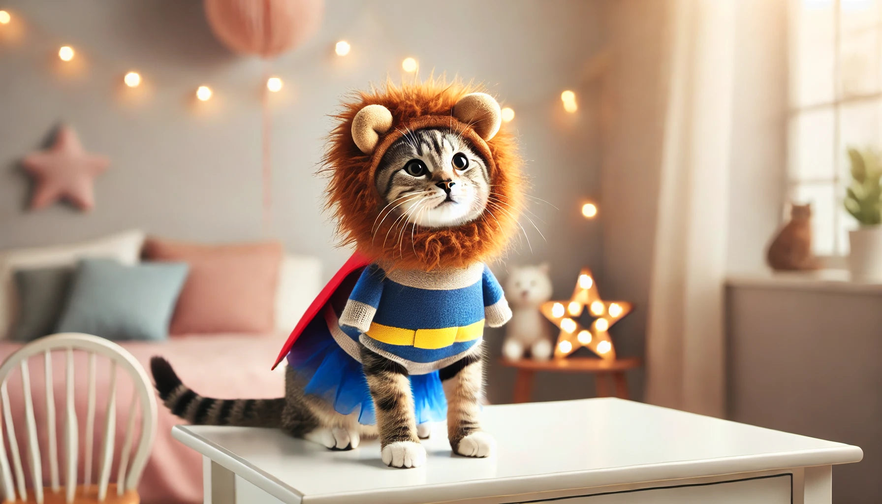 Chat portant un déguisement lion avec une crinière et une cape, idéal pour les amoureux des animaux et les moments fun