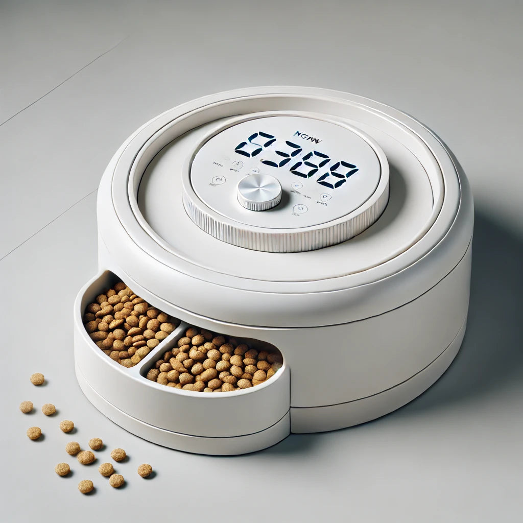 Distributeur automatique blanc circulaire avec écran digital, un compartiment ouvert rempli de croquettes, les autres compartiments recouverts