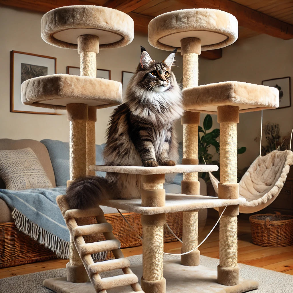 Arbre à chat spacieux conçu pour les Maine Coons, avec plateformes renforcées, griffoirs solides et hamacs larges, placé dans un coin confortable de la maison