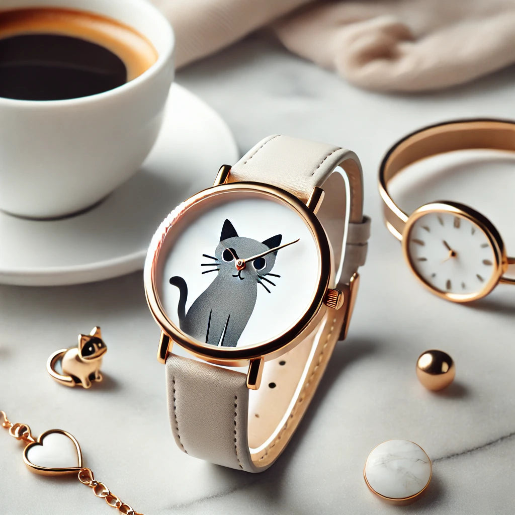 Une montre au design raffiné avec un cadran orné d’un motif de chat, posée sur un fond en marbre. Entourée d’accessoires tels qu’un bracelet doré et une tasse de café