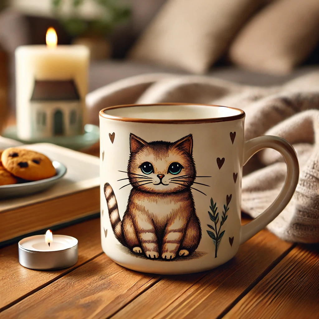 Un mug en céramique avec une illustration de chat mignon, posé sur une table en bois. L’ensemble comprend un livre, des biscuits et une couverture