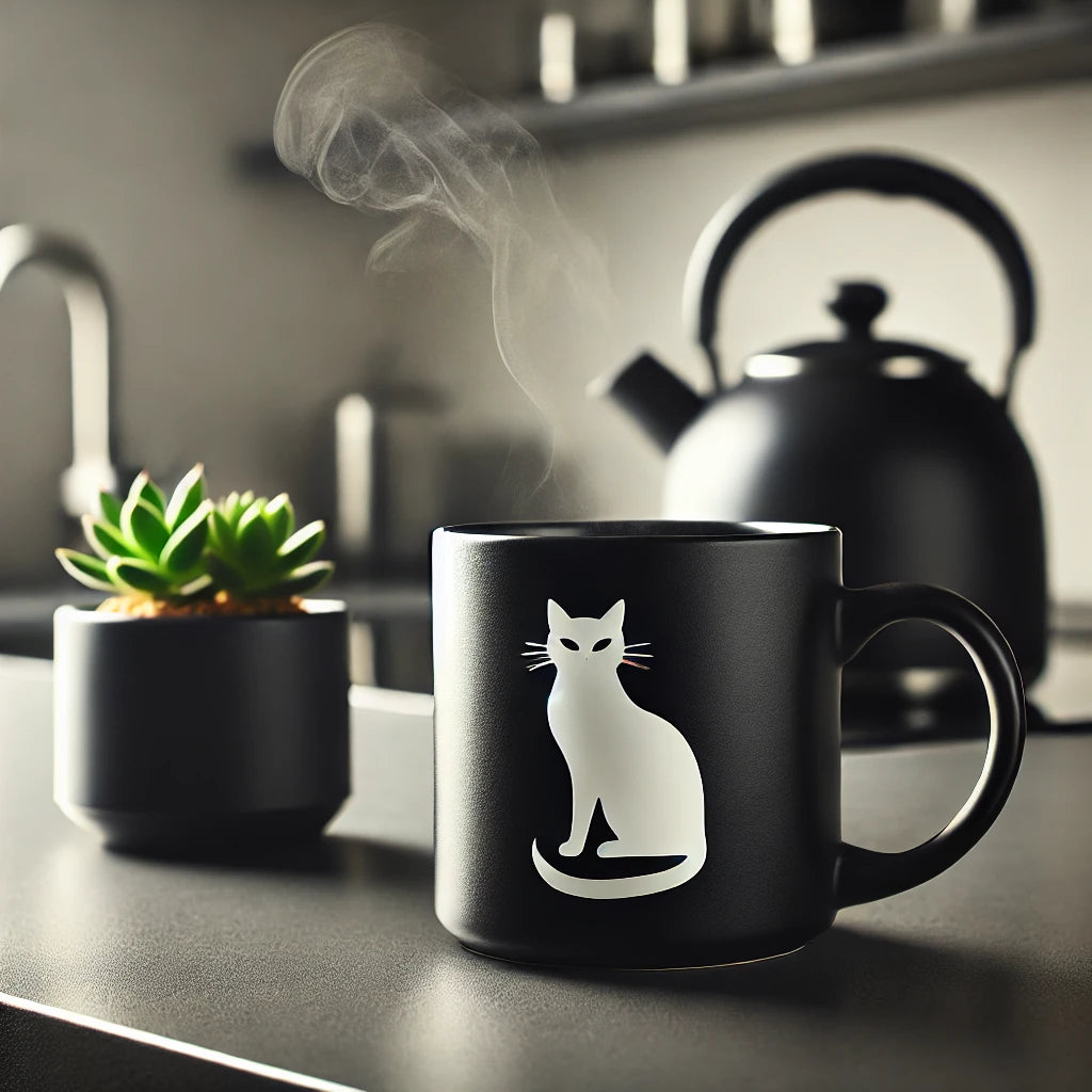 Un mug noir en céramique orné d’une silhouette de chat minimaliste, placé sur un plan de travail moderne. À côté, une cafetière fumante et une petite plante verte