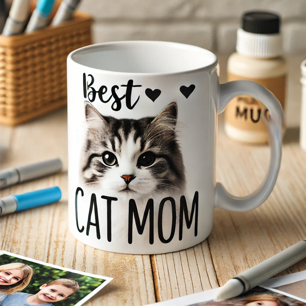 Un mug personnalisé en céramique affichant une photo d’un chat tigré et l’inscription « Best Cat Mom ». Le mug est entouré de fournitures de personnalisation comme des marqueurs et des impressions