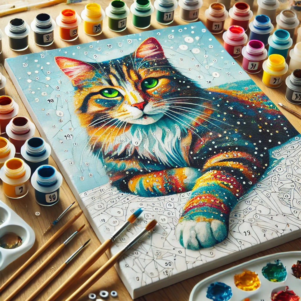 Une toile de peinture par numéros avec un chat détaillé en acrylique. Des couleurs vives sont appliquées, entourées de pinceaux et de pots de peinture
