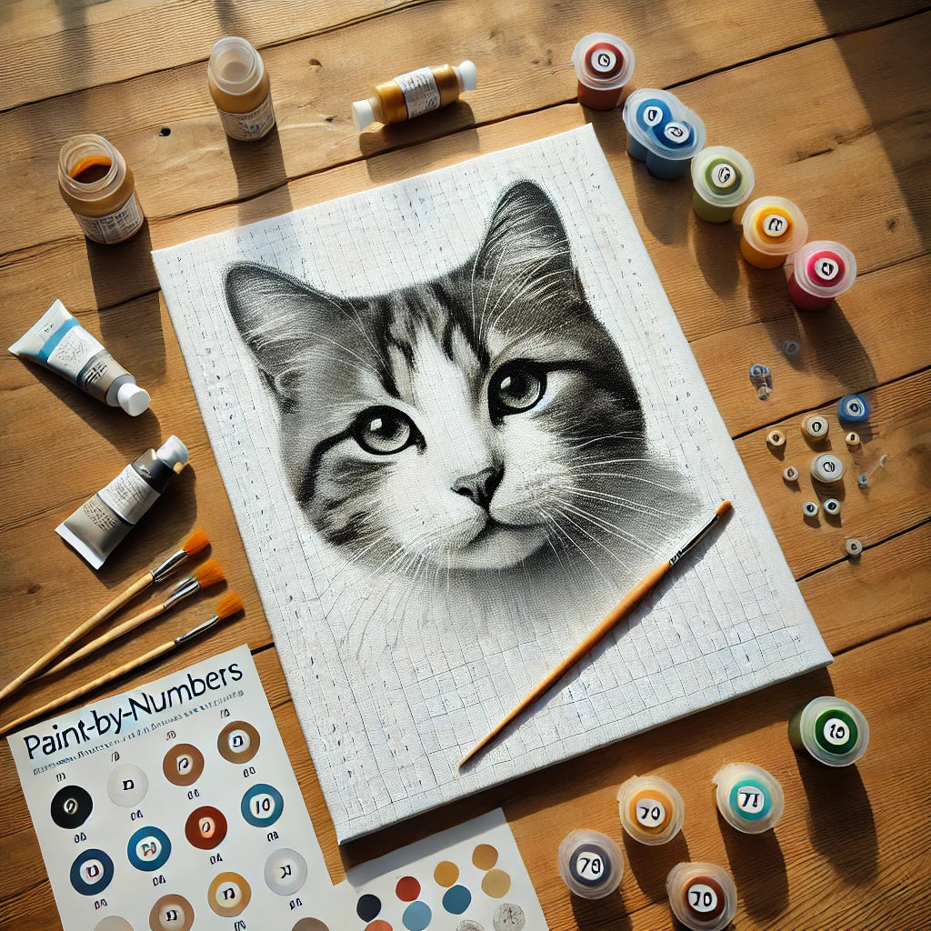Un kit de peinture numéro représentant un portrait de chat réaliste. Le set inclut une toile, des pots de peinture et des pinceaux, idéalement disposés sur une table en bois avec une lumière naturelle