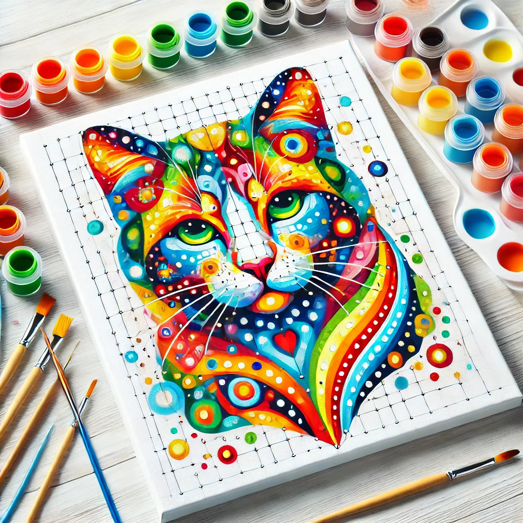 Une œuvre finalisée de peinture par numéros avec un design abstrait et multicolore de chat. La toile aux teintes éclatantes est posée sur une table blanche moderne, entourée d’accessoires de peinture