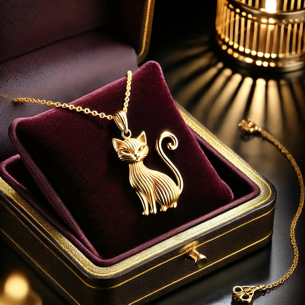 Un pendentif en or raffiné en forme de chat, suspendu à une chaîne fine. Le bijou repose sur un écrin en velours, avec un éclairage doux qui met en valeur sa finition élégante.