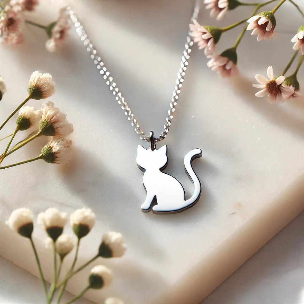 Un pendentif en argent sterling représentant un chat stylisé, accroché à une chaîne délicate. Il est placé sur une surface en marbre entourée de petites fleurs