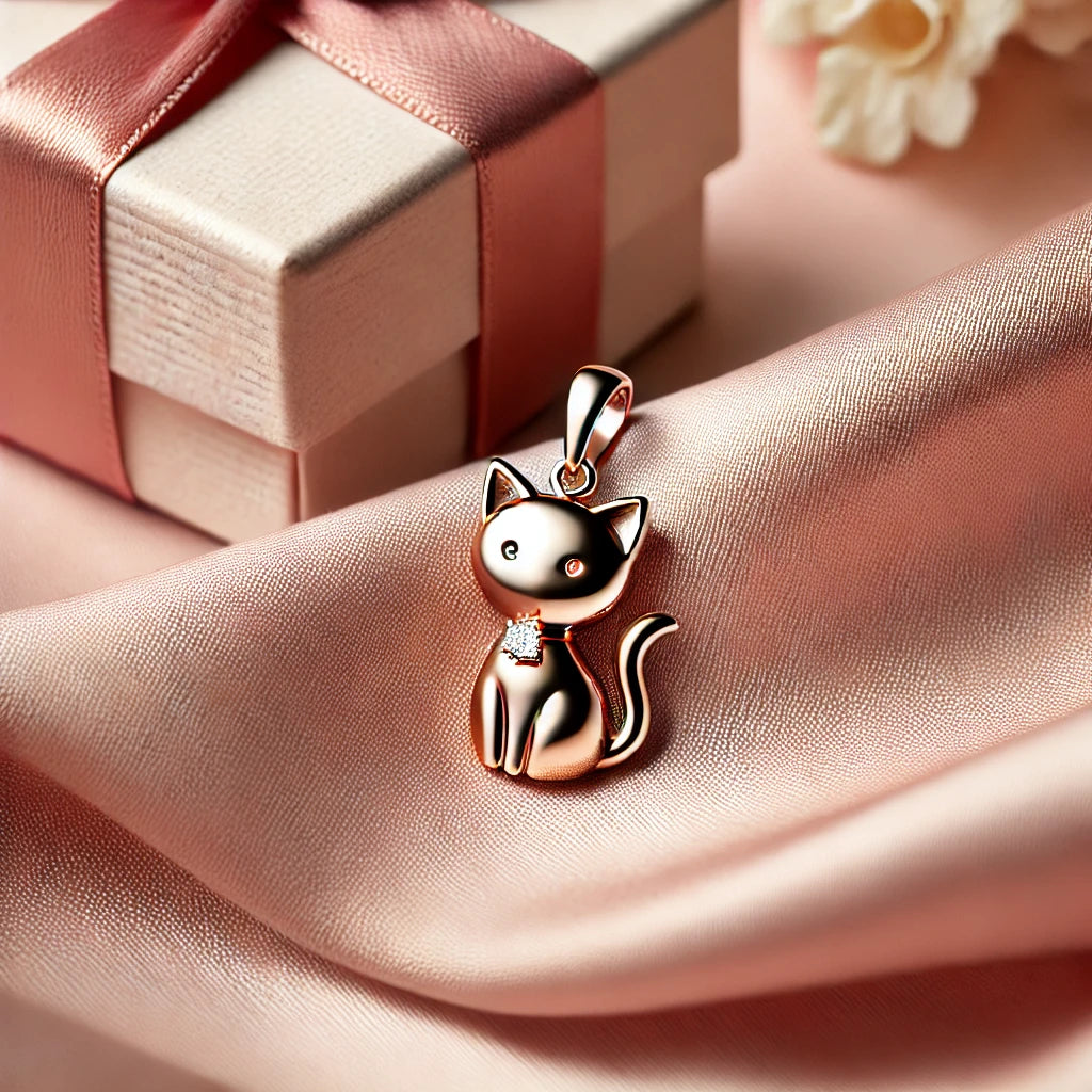 Un pendentif en or rose en forme de chat, orné d’un diamant discret, exposé sur un tissu de soie rose