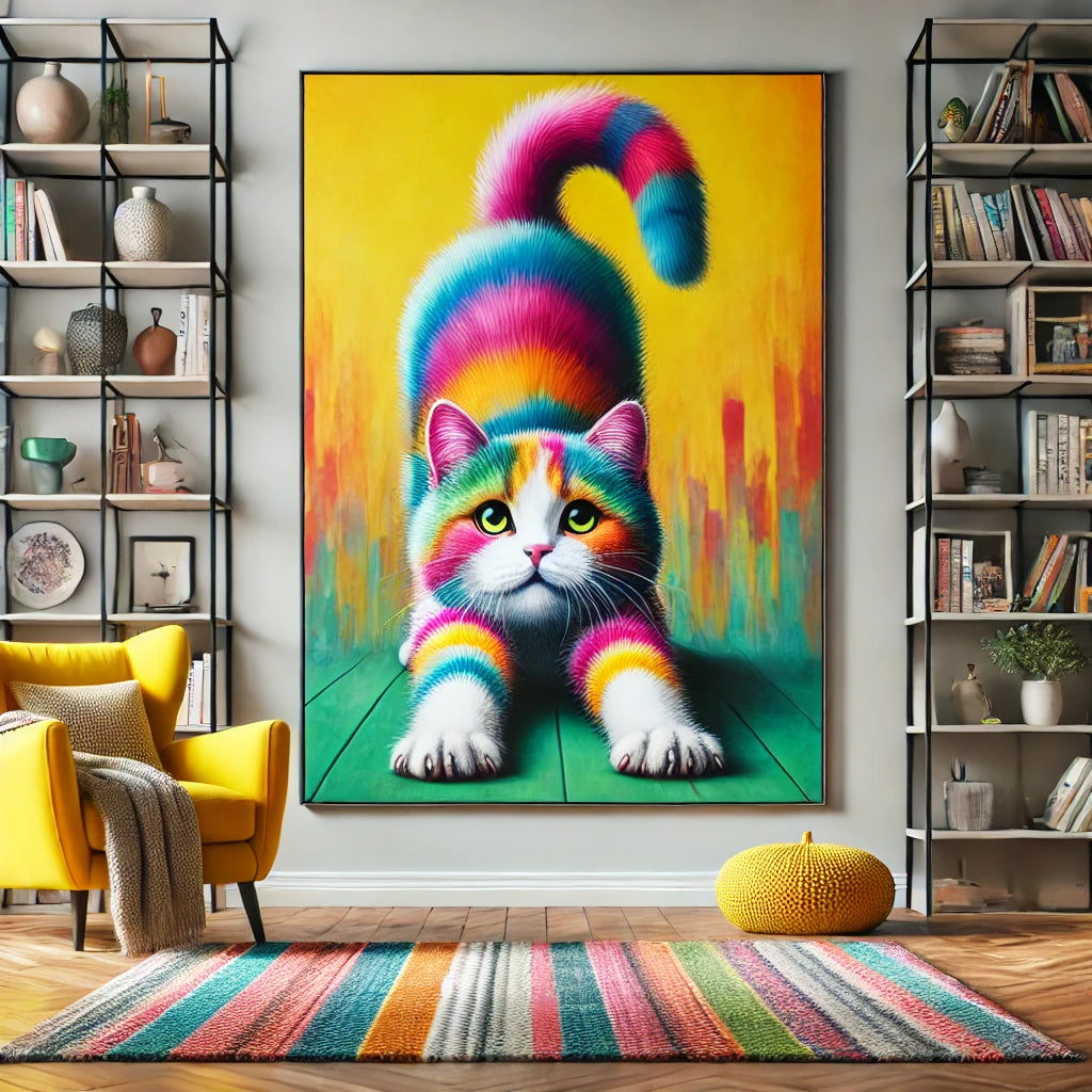 Un poster coloré de grande taille représentant un chat joueur, suspendu dans un salon lumineux. Le décor inclut une bibliothèque, un fauteuil jaune et un tapis moelleux
