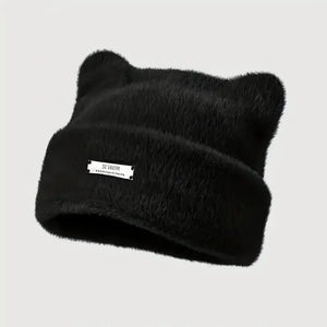 Iron Label Decorative Beanie Hat with Ears Cute Warm Plush Cat Beanie Winter Faux Fur Beanie Elastic Knitted Hat Women Outdoor Vraiment-chat