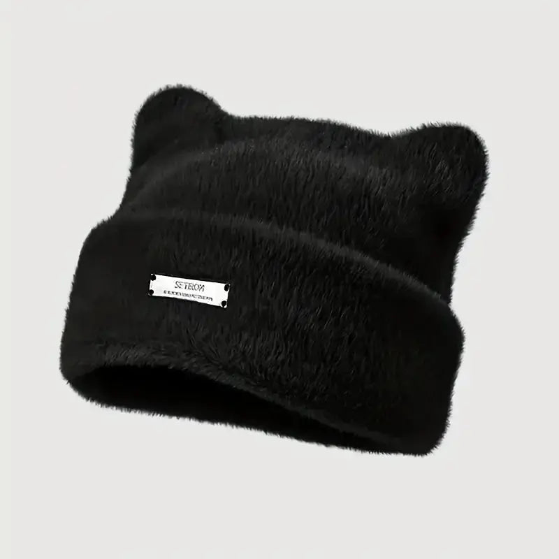 Iron Label Decorative Beanie Hat with Ears Cute Warm Plush Cat Beanie Winter Faux Fur Beanie Elastic Knitted Hat Women Outdoor Vraiment-chat