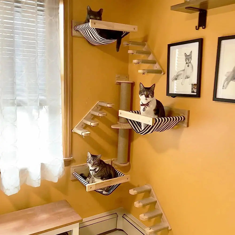 Cat Climbing Shelves Wall Mounted Cat Tree Wooden Furniture Scratcher Jumping Platform Rope Ladder Cat Sleeping and Playing Vraiment-chat