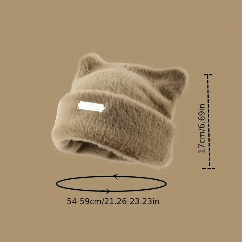 Iron Label Decorative Beanie Hat with Ears Cute Warm Plush Cat Beanie Winter Faux Fur Beanie Elastic Knitted Hat Women Outdoor Vraiment-chat
