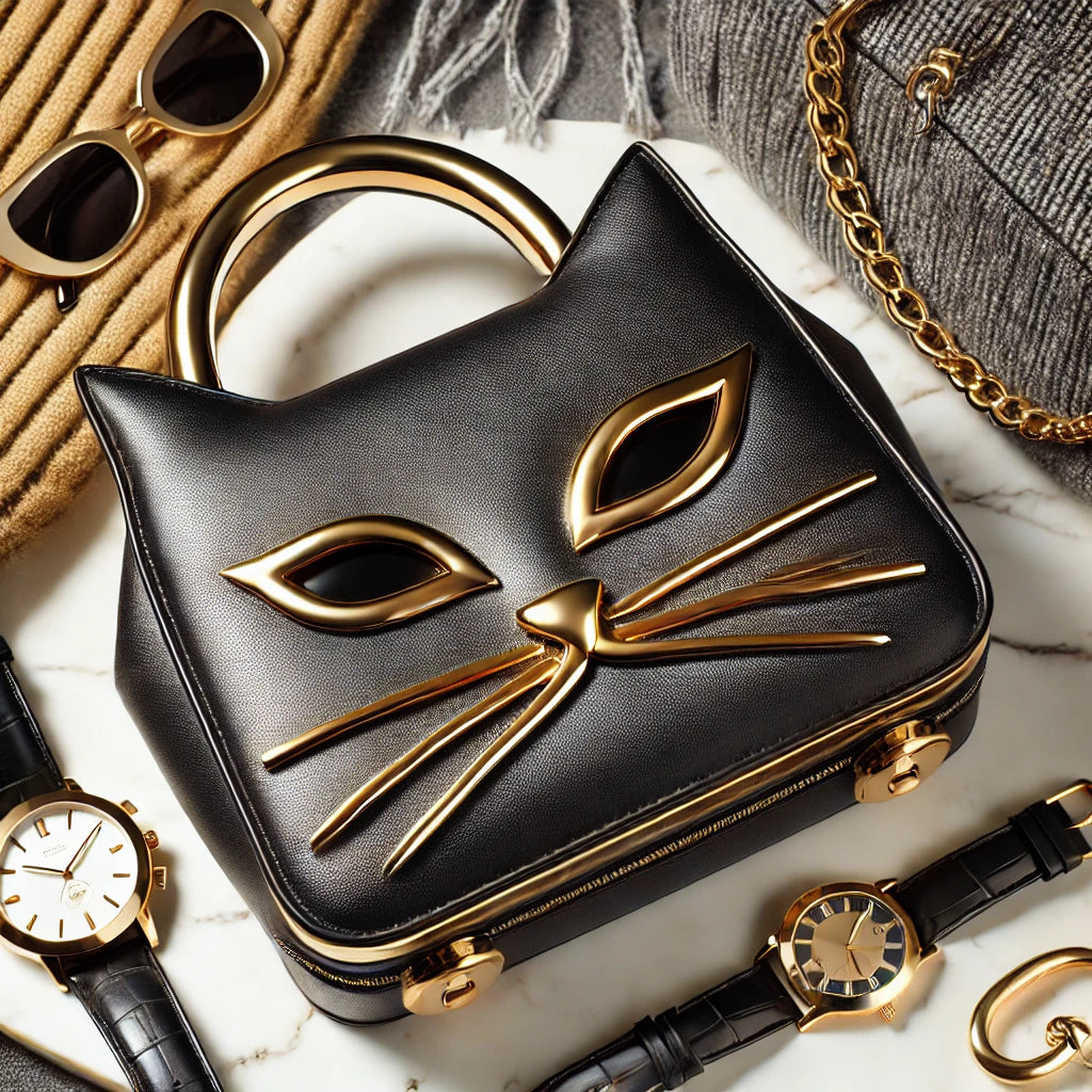 Un sac ludique en tissu pelucheux en forme de tête de chat, avec des oreilles adorables. Il est entouré de livres décoratifs, de bougies et d’une tasse de thé, dans une ambiance chaleureuse et rétro.