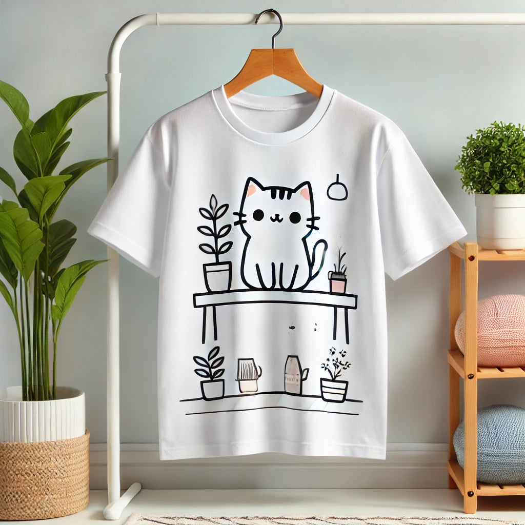Un T-shirt blanc pour adulte décoré d’un imprimé cartoon de chat dans une pose ludique, affiché sur un cintre en bois avec un décor minimaliste comprenant des plantes en pot et un tapis doux