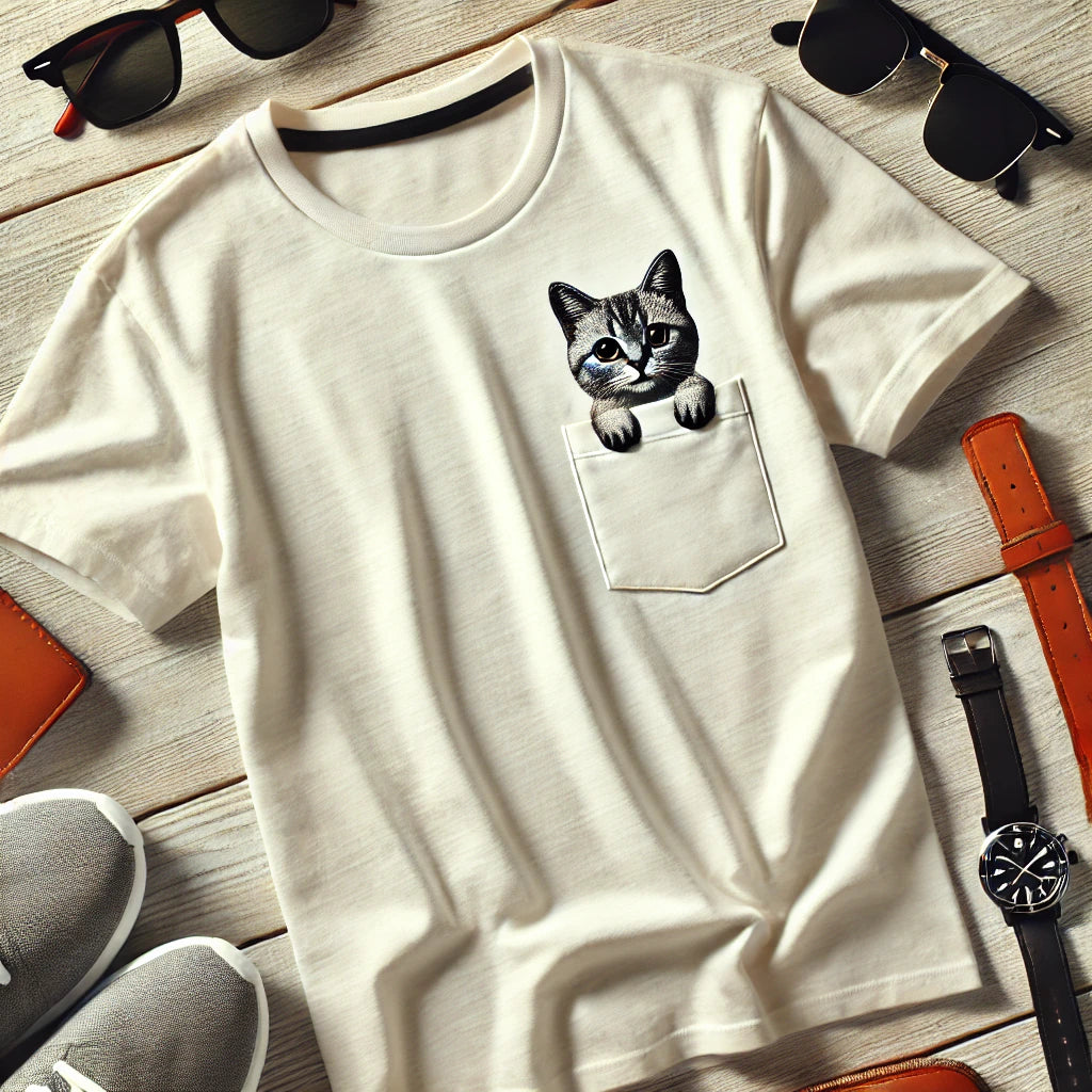 Un T-shirt blanc pour homme avec un petit motif brodé représentant un chat sortant d’une poche