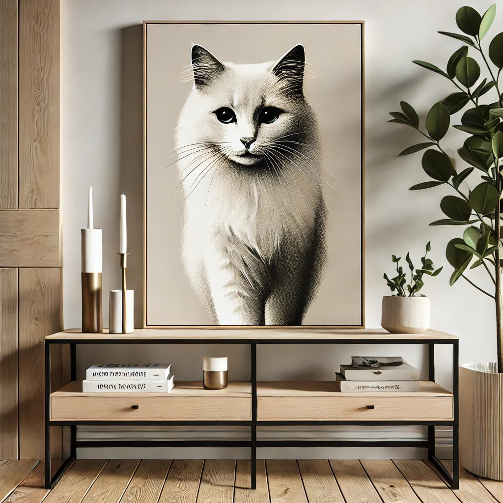 Une peinture minimaliste d’un chat aux lignes épurées et aux tons sobres, accrochée au-dessus d’une console en bois moderne décorée de livres, de bougies et d’une plante.