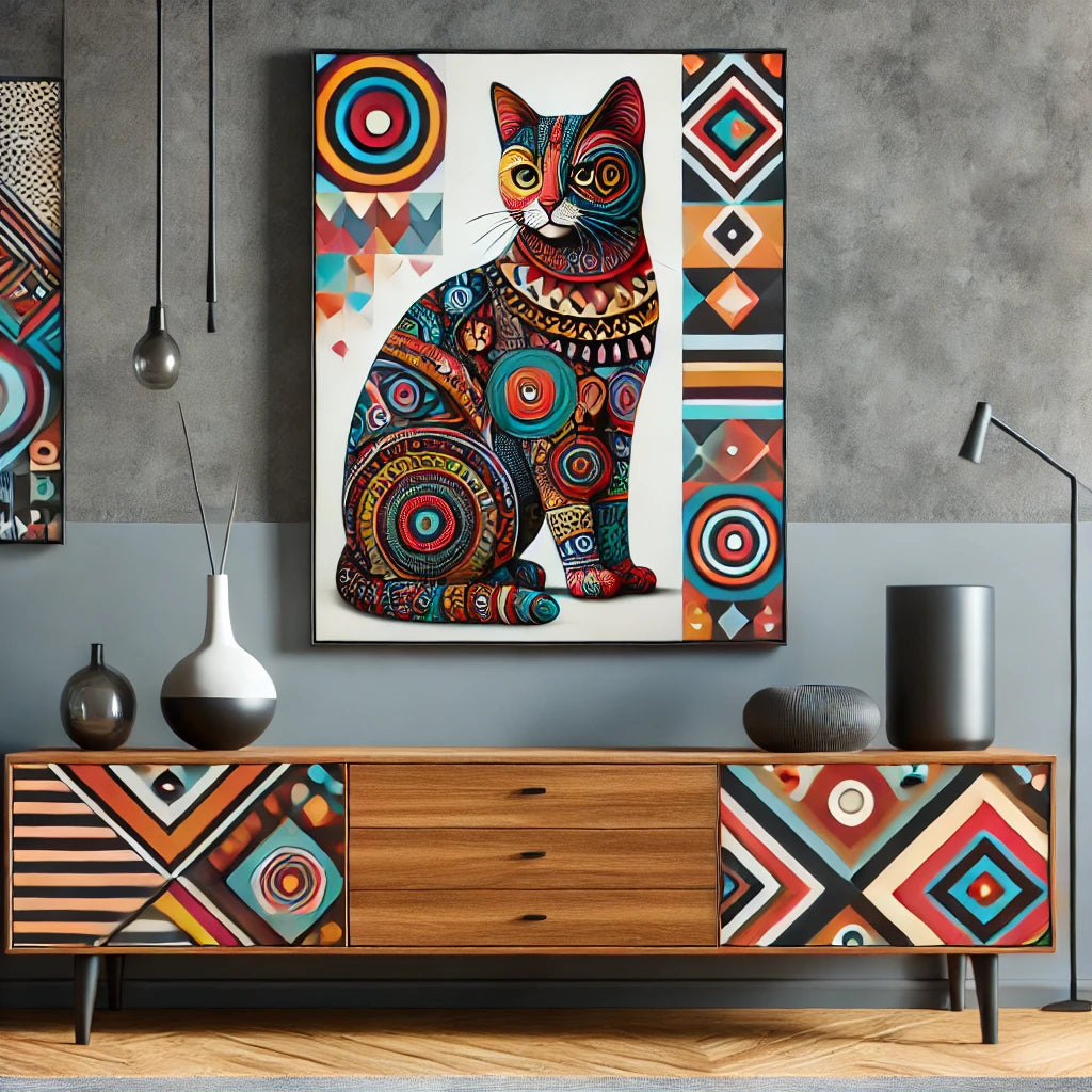 Une peinture abstraite et colorée représentant un chat, accrochée sur un mur gris au-dessus d’un meuble en bois moderne