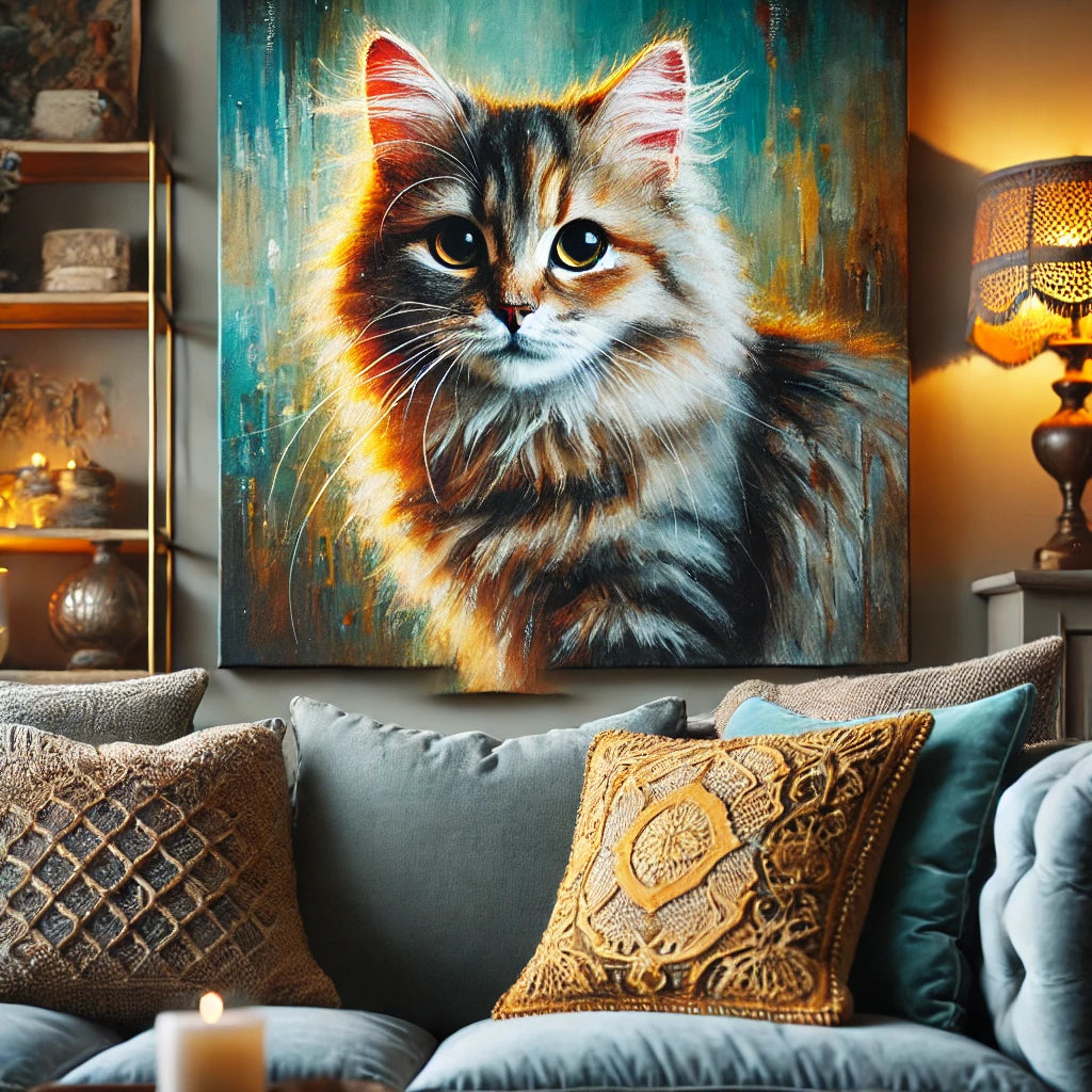 Une peinture détaillée d’un chat réalisée avec des coups de pinceau vibrants et des textures réalistes, exposée dans un salon accueillant avec un canapé moelleux et des éclairages chaleureux