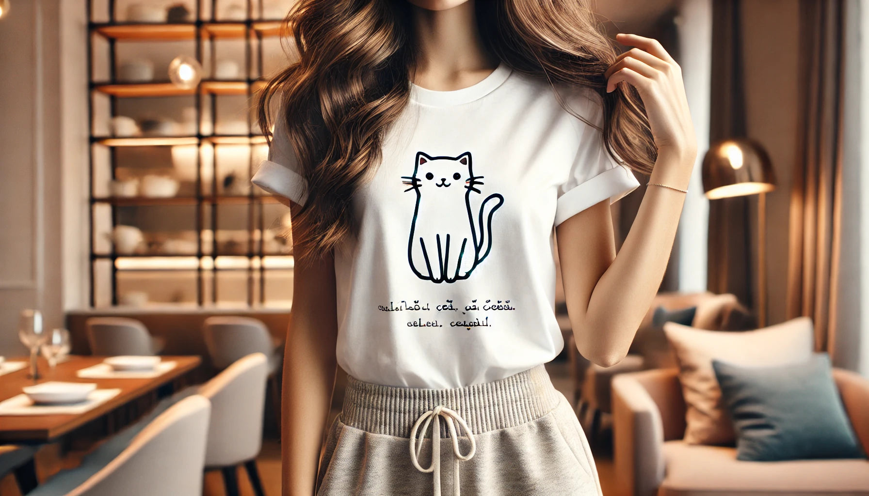 T-shirt blanc avec dessin minimaliste de chat, porté par une femme