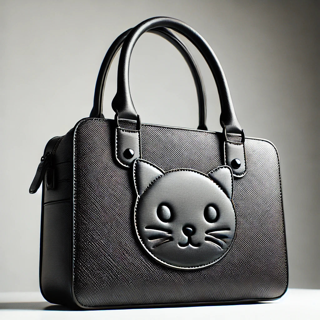 Sac à main minimaliste noir avec un visage de chat embossé, posé sur une surface blanche, conçu pour les amoureux des chats