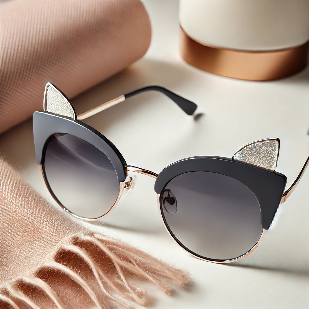 Lunettes de soleil élégantes avec un cadre en forme d’oreilles de chat, posées sur une surface blanche, parfaites pour un look chic et original.