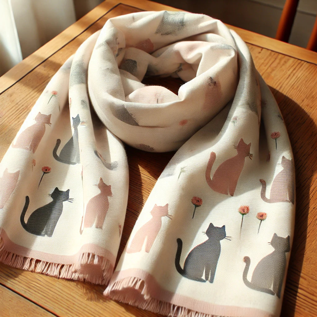 Écharpe douce et pastel ornée de motifs de chats en silhouettes neutres, posée sur une table en bois avec une lumière naturelle