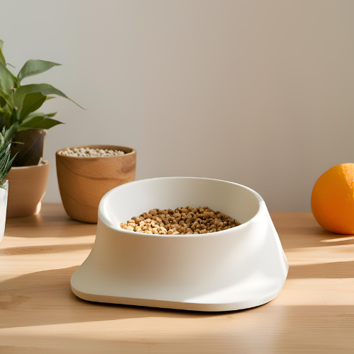 Gamelle pour chat au design incliné, en plastique blanc, remplie de croquettes, posée sur une table en bois avec des plantes et une orange en arrière-plan