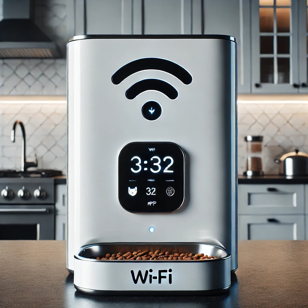 Distributeur de croquettes connecté pour chat, avec écran Wi-Fi et fonctionnalités de contrôle à distance, placé dans une cuisine minimaliste