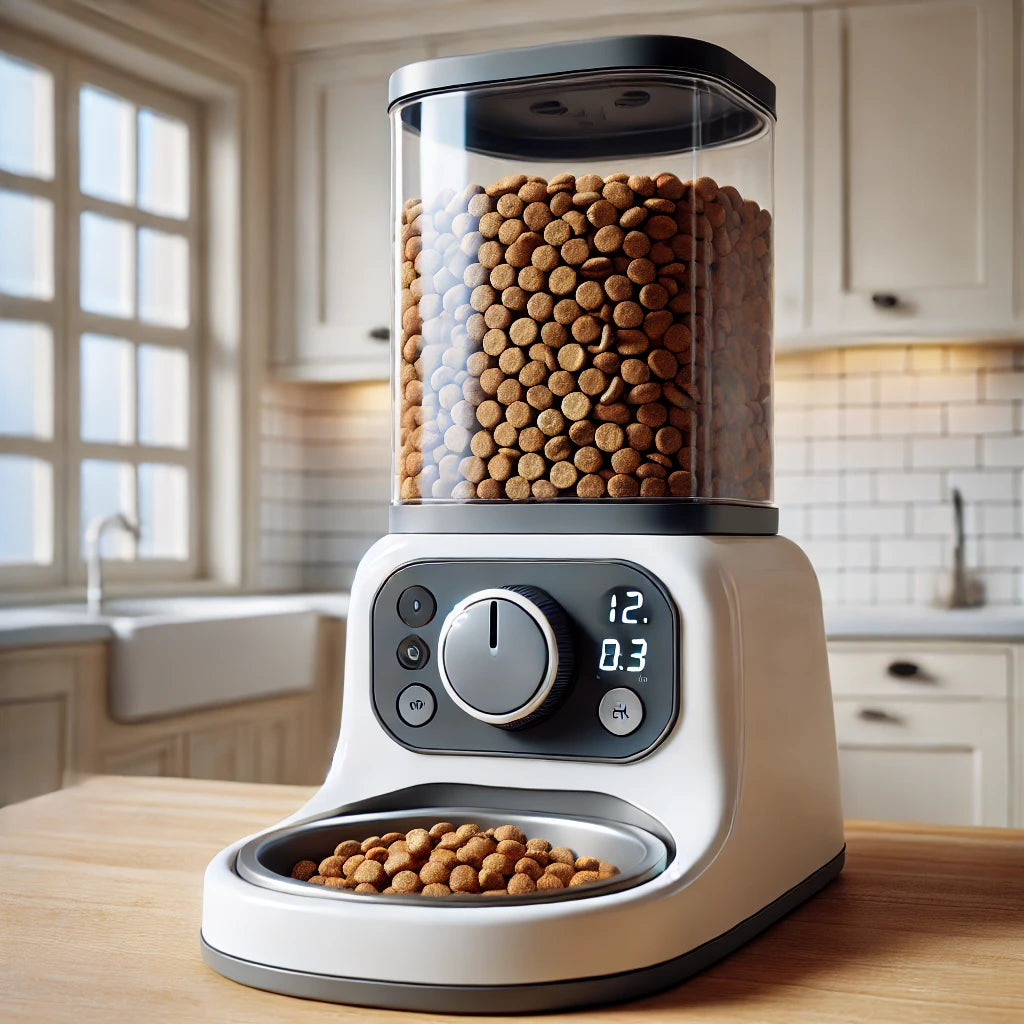 Distributeur de croquettes automatique avec ouverture visible pour le passage des croquettes, réservoir transparent rempli et bol large à la base, conçu pour les chats, placé sur un comptoir propre.