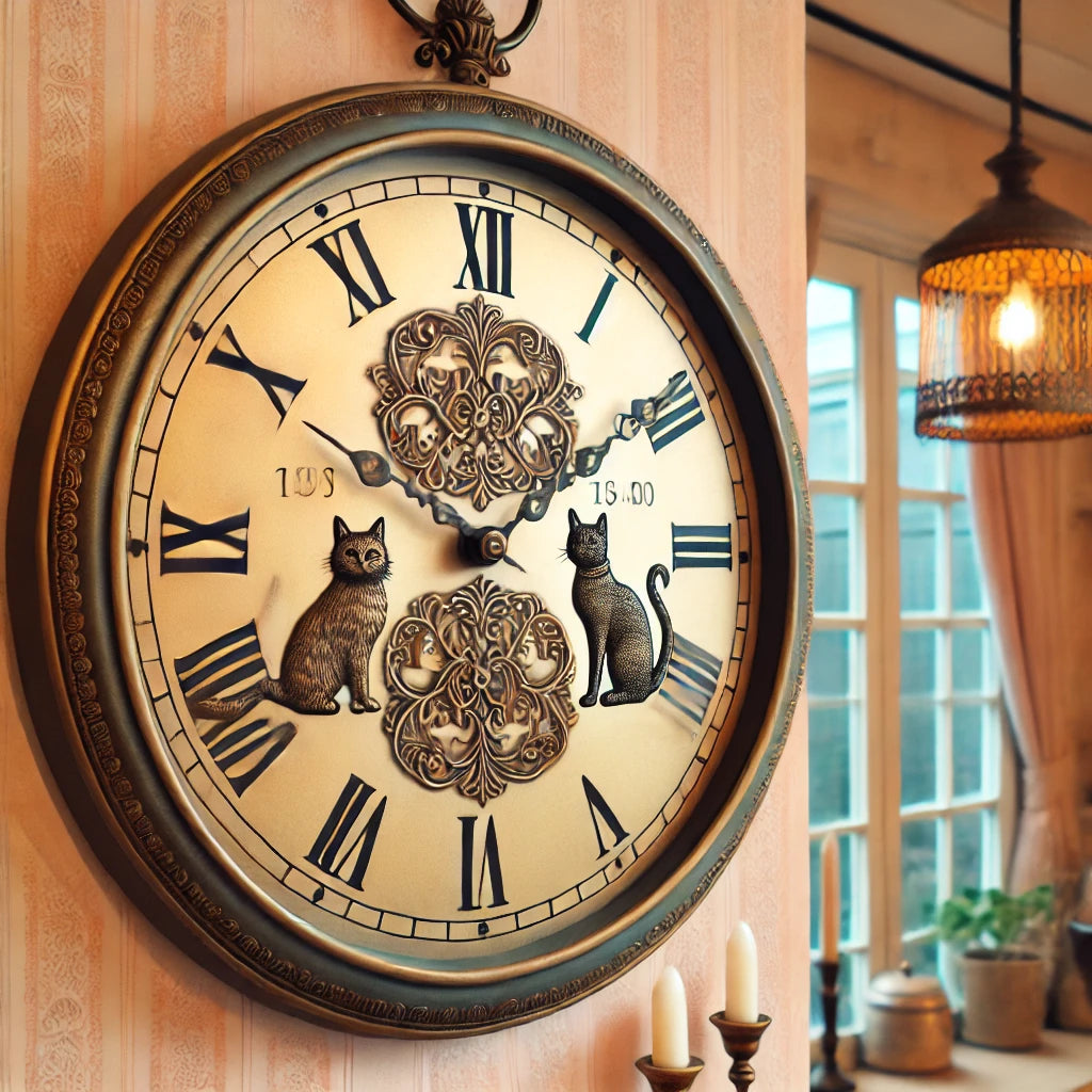 Horloge murale chat au style vintage, avec finitions en laiton antique, silhouettes de chat et chiffres romains, accrochée dans une cuisine au décor pastel chaleureux
